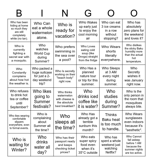 SUMMER Bingo Card