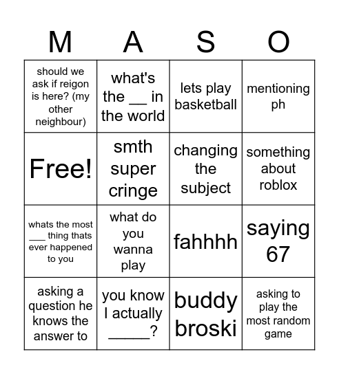 mason bingo (my 9 year old neighbour) Bingo Card
