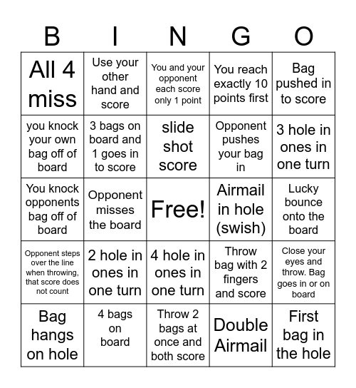 Cornhole Bingo Card
