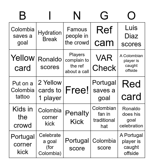 COLOMBIA v PORTUGAL Bingo Card
