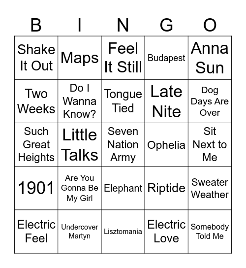 2000's Alternative/ Indie Bingo Card