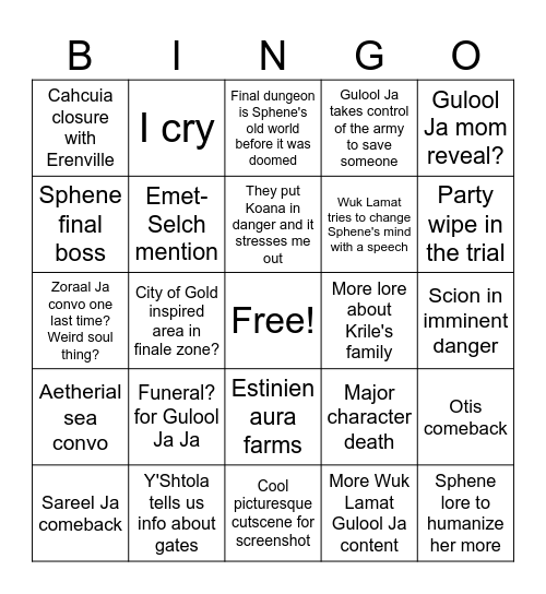 Dawntrail Finale Bingo Card