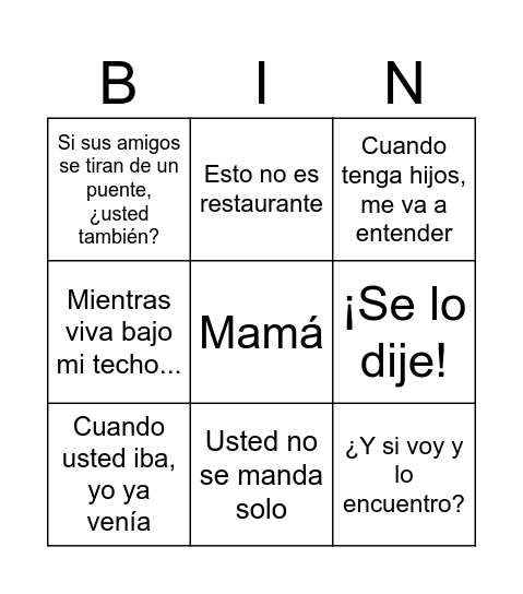 Frases de mamá Bingo Card