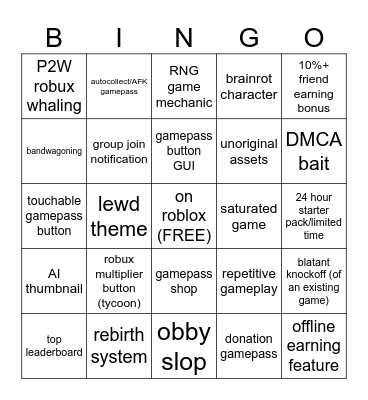 Roblox Slop Bingo Card