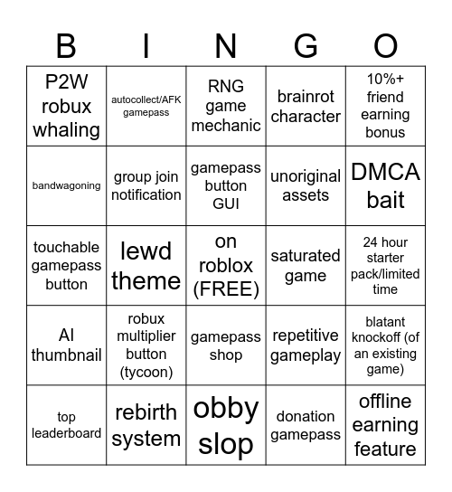 Roblox Slop Bingo Card