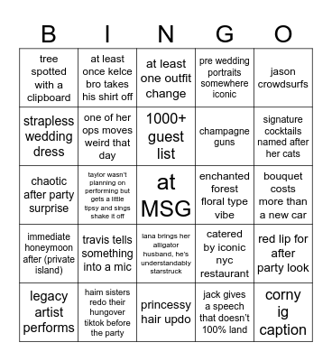 tnt wedding Bingo Card