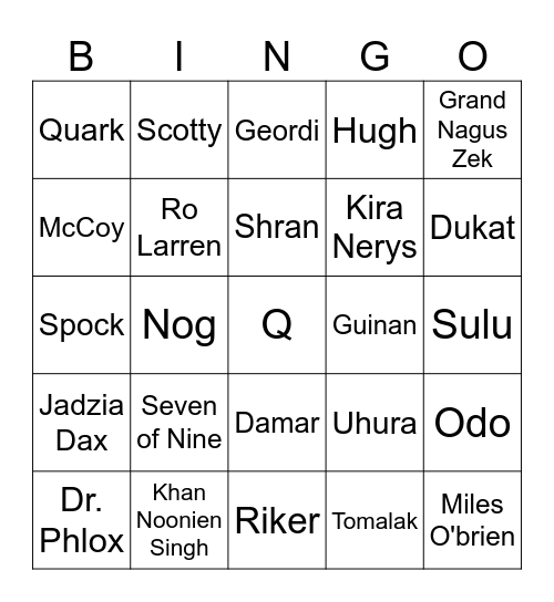Star Trek UB Characters Bingo Card