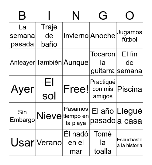 Preterite  Bingo Card