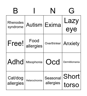 Conditions I have/suspect I have Bingo Card