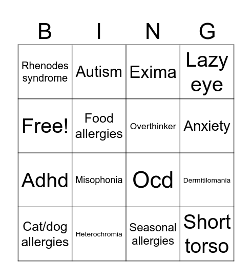 Conditions I have/suspect I have Bingo Card