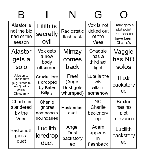 Hazbin Season 3 Bingo Card