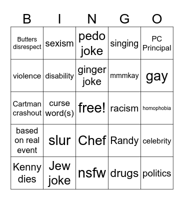 South Park Bingo Card
