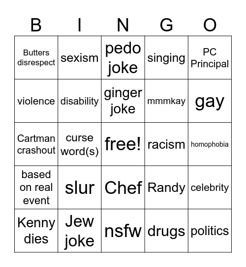 South Park Bingo Card
