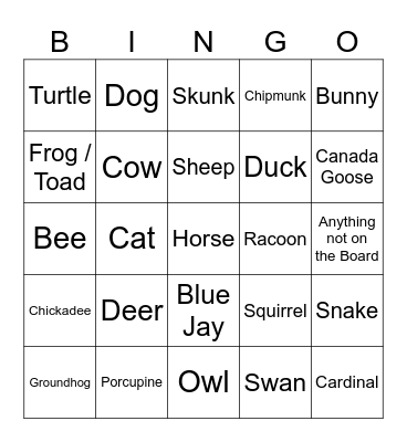 Animals Encountered Biking Bingo Card
