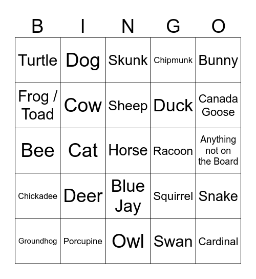 Animals Encountered Biking Bingo Card