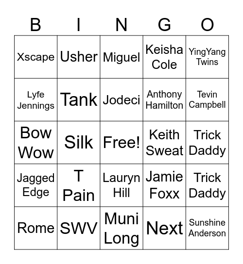 R & B Bingo Card
