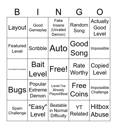 Geometry Dash Level Request Bingo v1 Bingo Card