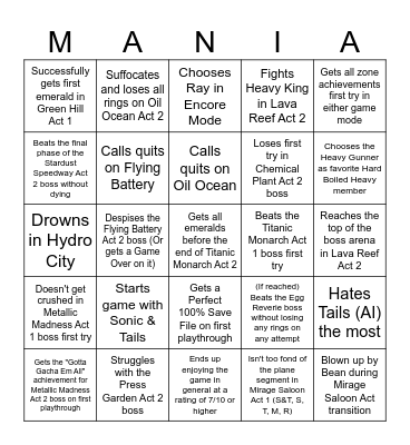 Sonic Mania Bingo Card