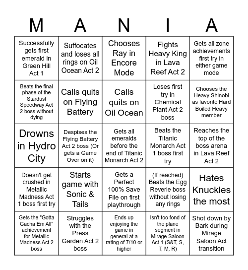 Sonic Mania Bingo Card