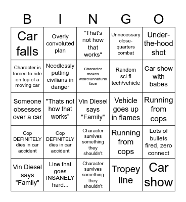Fast N Furious Bingo Card