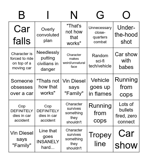 Fast N Furious Bingo Card