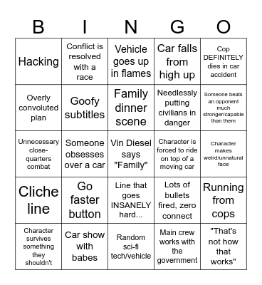 Fast N Furious Bingo Card