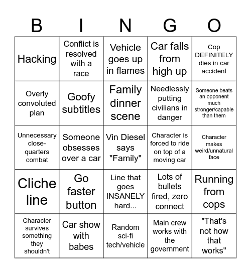 Fast N Furious Bingo Card