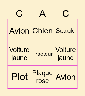 Voiture Bingo Card