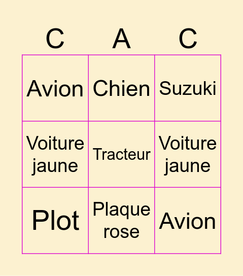 Voiture Bingo Card