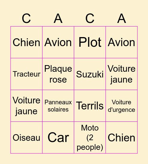 Voiture Bingo Card