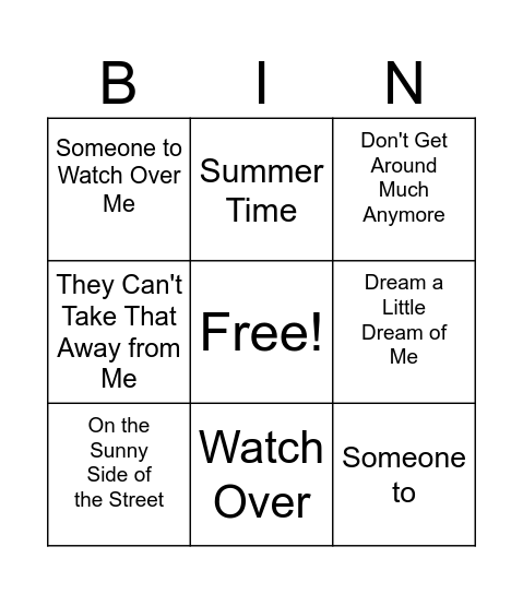 American Songbook Bingo Card 1 Bingo Card