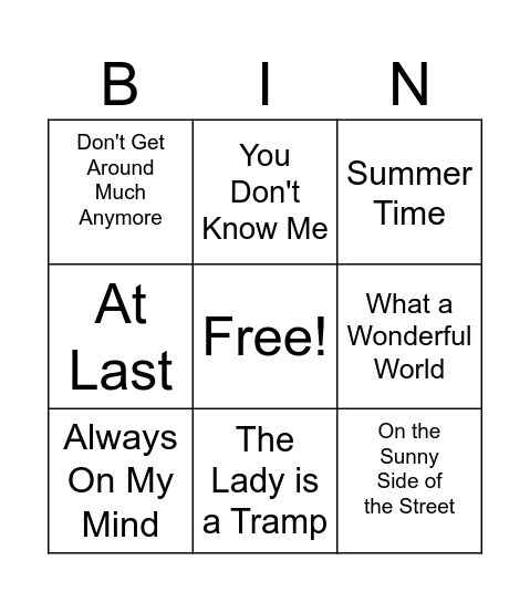 American Songbook Bingo Card 1 Bingo Card