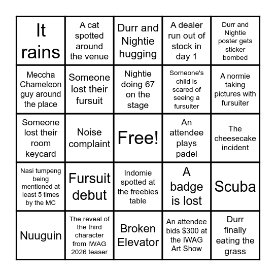 IWAG 2026 Bingo (NOT OFFICIAL) Bingo Card