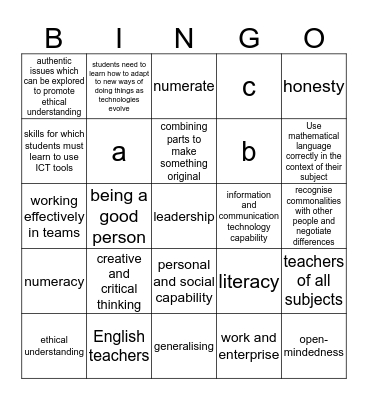 General Capabilities Bingo Card