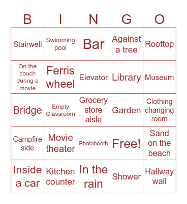 Makeout Spot Challenge Bingo Card