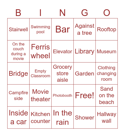 Makeout Spot Challenge Bingo Card