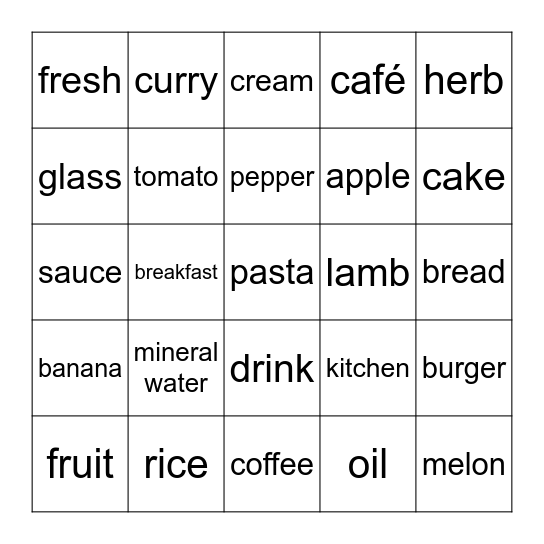 PET Food Words Bingo Card