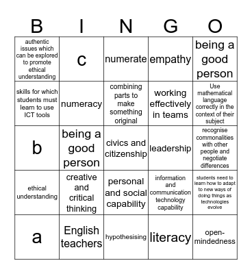 General Capabilities Bingo Card