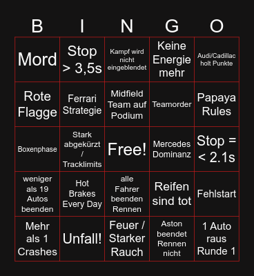 F1 Spielberg Time Bingo Card