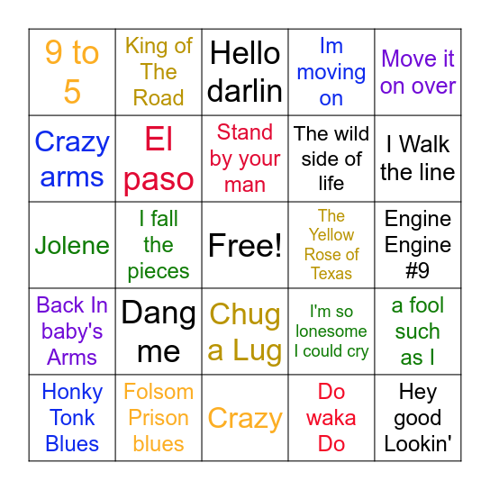 Country Music Bingo Card