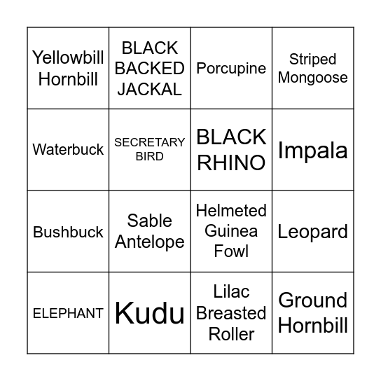 AFRICAN ANIMALS BINGO Card