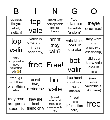 i just made valeir post on tiktok! now lets see the comment— Bingo Card