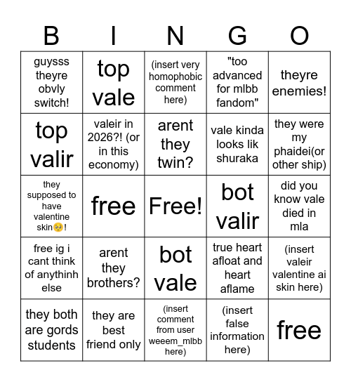 i just made valeir post on tiktok! now lets see the comment— Bingo Card
