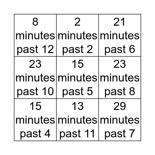 telling time Bingo Card