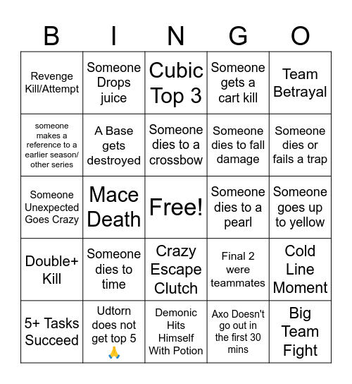 FINALE Predictions Bingo Card