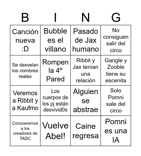 TADC - Last episode Bingo Card