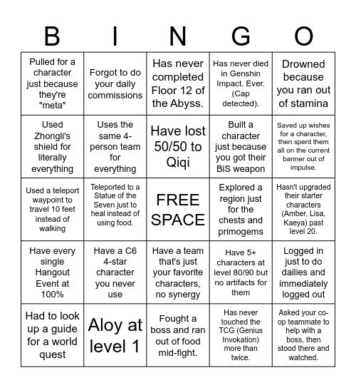 IF YOU BINGO, YOU'RE OUT (GENSHIN) Bingo Card