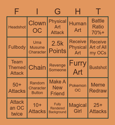 Artfight Bingo Card