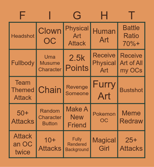 Artfight Bingo Card