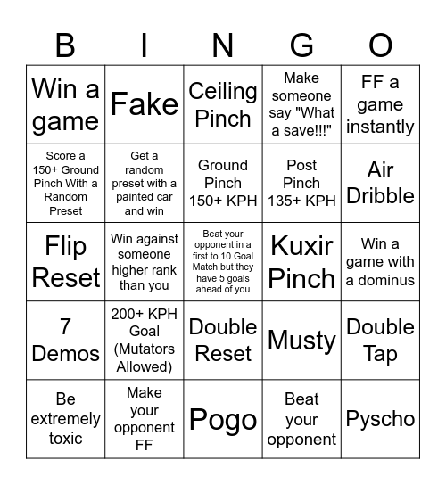 Rocket League Bingo Card